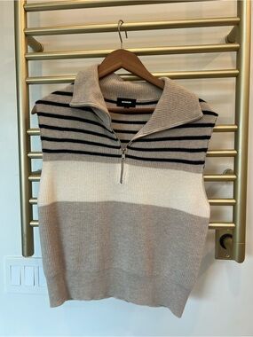 Monrow Zip-Up Sleeveless wool / cashmere Vest in Beige, Cream & Navy, size S